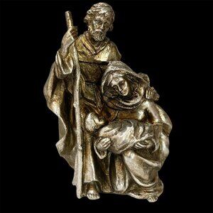 Vintage Holy Family Nativity Art Sculpture Mary Joseph Baby Jesus Figurine Gold